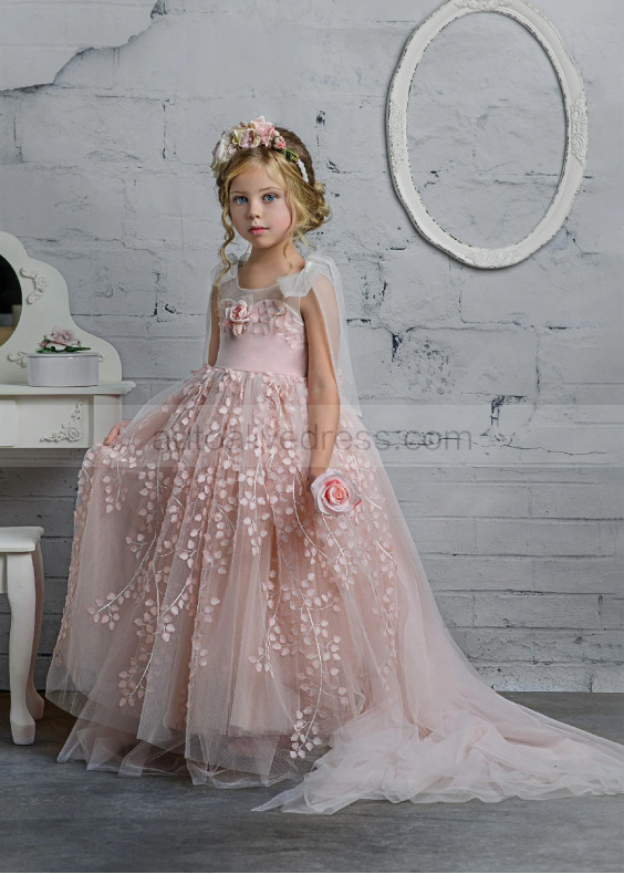 Pink Floral Lace Tulle Dreamy Flower Girl Dress With Train Pink Floral Lace Tulle Dreamy Flower Girl Dress With Train